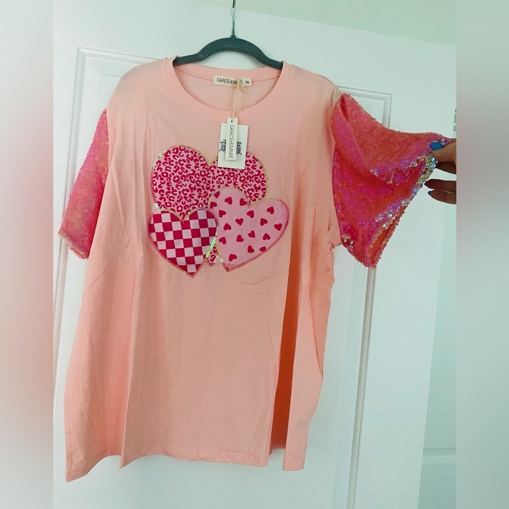 Pink Sequin Sleeve Heart Graphic Tee